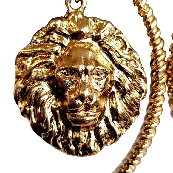 3" Hoop Earrings Gold Large Lion Head Medallion Statement Jewelry , Gift Bag - Picture 3 of 10